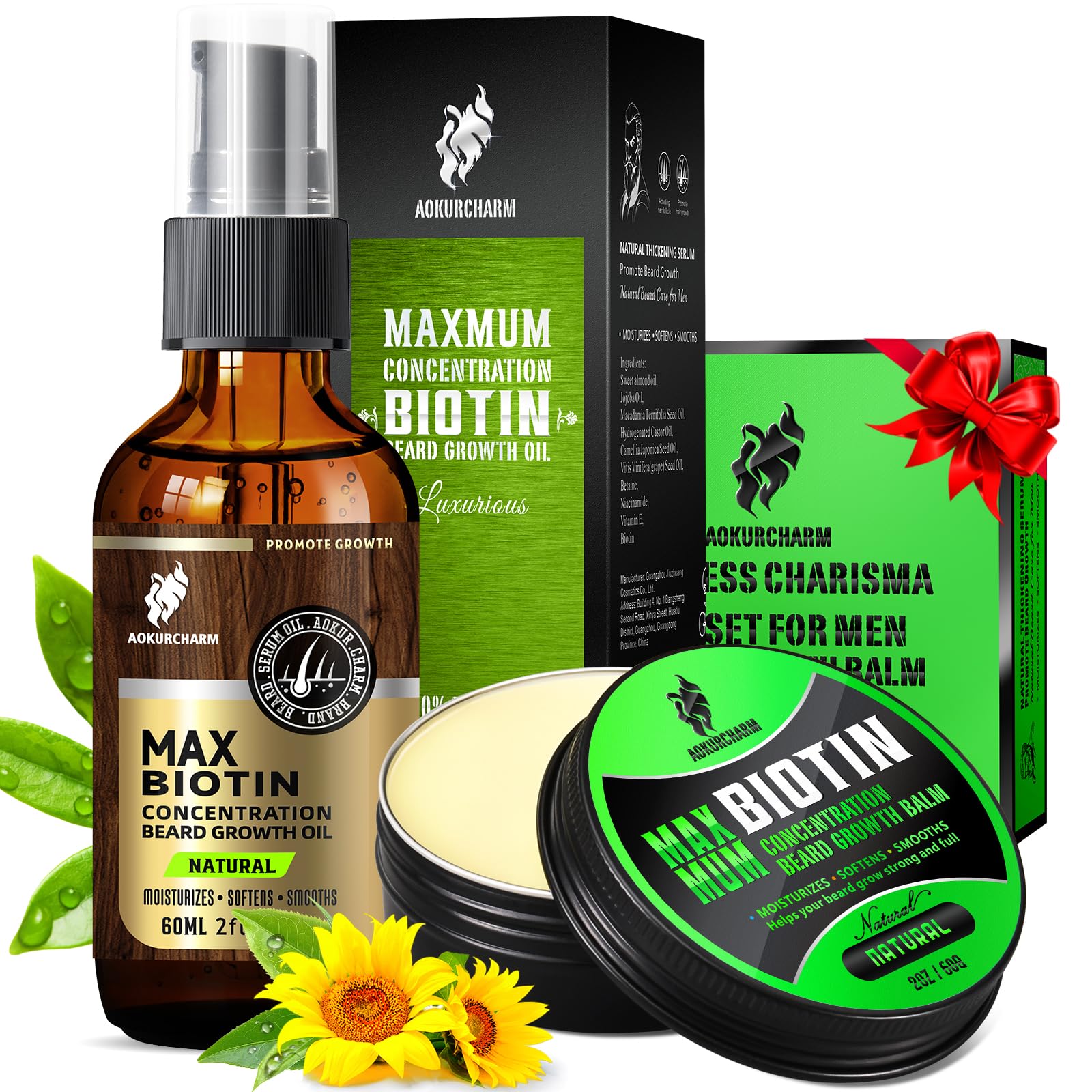 aokur 2 Pack Biotin Beard Growth Kit for Men – Unscented Beard Oil & Balm – Beard Care Set for Growth, Softening & Styling – Gift for Father’s Day & Christmas