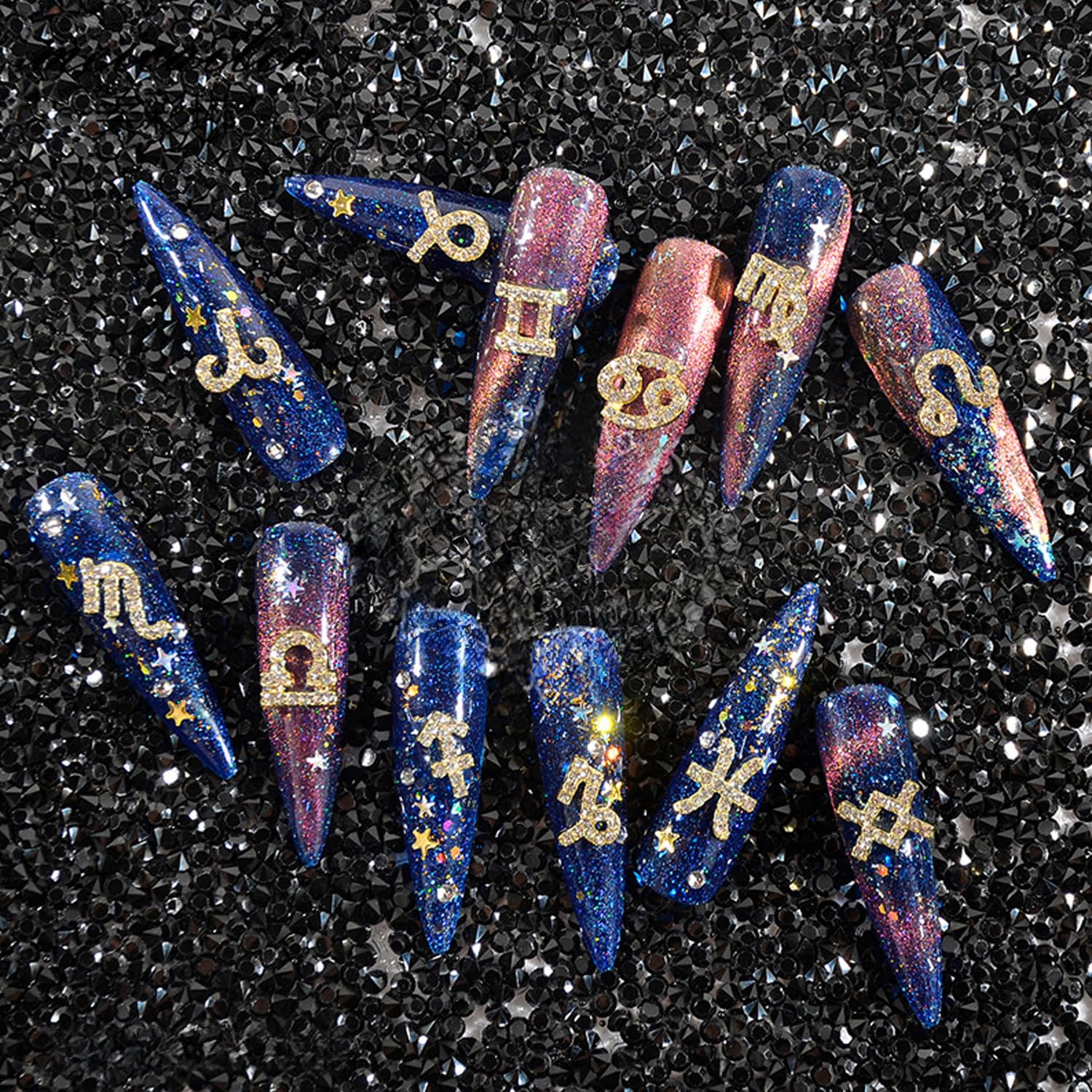 YECIRALA 48 Pcs Gold and Silver Zodiac Nail Charms 4 Set 3D Zodiac Sign Nail Rhinestones Charms for Women Nails Jewelry Zodiac Charms for Nails Design Jewelry Making Charms Nail Art Decorations Gems