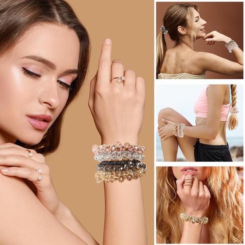 4 PCS Rhinestone Hair Ties, Bracelets Hair Ties for Thick or Thin Hair, Boho Hair Ties for Ponytail Holders, 2.2’’ Hair Tie for Women No-Damage