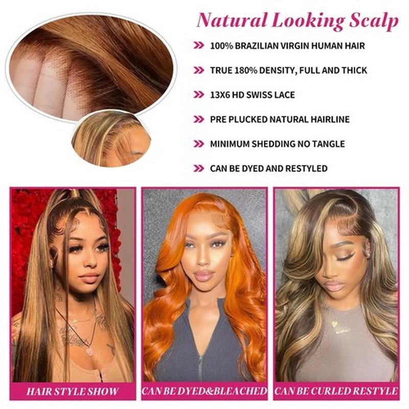 Honey Blonde Ombre Lace Front Wig Human Hair Highlight 13X6 Straight Lace Front Wigs Human Hair Pre Plucked 200 Density 4/27 Glueless HD Lace Frontal Highlighted Wig Human Hair for Women 24 Inch