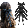 Styla 3 Piece Satin Hair Bow Clips: Metal Alligator No Slip Design, Double Long Tail Ribbons for Women & Girls - Black