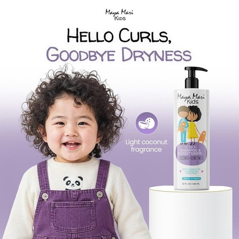 MAYA MARI Natural Kids Shampoo & Conditioner - Tear-Free Formula for Curly Hair | Coconut & Lime Twist, 32 Fl Oz