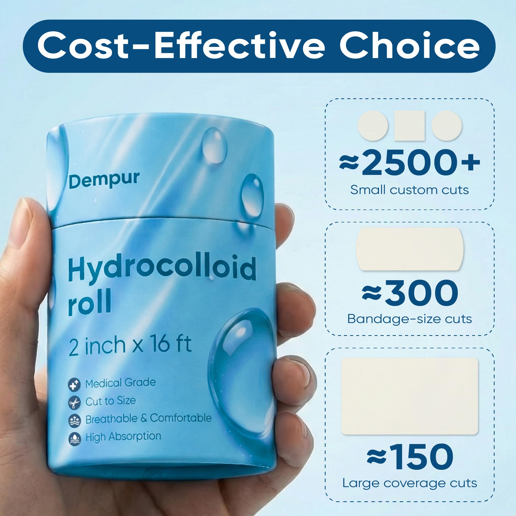 Dempur Medical Grade Hydrocolloid Roll for Wound Care, 2in x 16.4ft, Waterproof Hydrocolloid Bandages & Pimple Patch Roll, Сut-to-Size Patches for Acne, Blisters, Burns and Minor Cuts