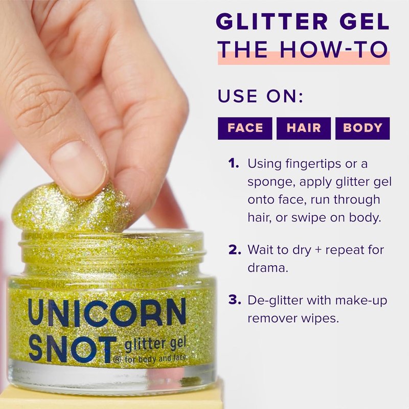 Unicorn Snot Holographic Face & Body Glitter Gel - Vegan, Cruelty-Free, 1.7 oz Gold Glitter