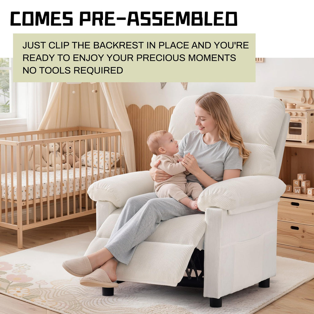 Korser Recliner Chair, Living Room Recliner Chairs for Adults, Small Recliners for Small Spaces, Upholstered Manual Reading Chair with Side Pockets, Nursery Chair for Living Room, Corduroy, Beige