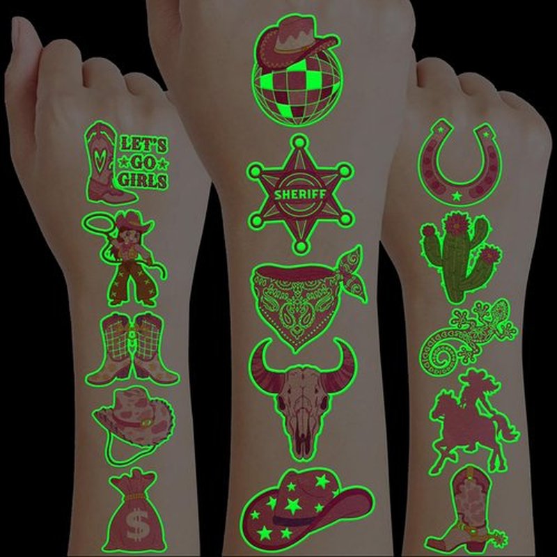 96 PCS Disco Western Cowgirl Pre-Cut Luminous Glow in the dark Temporary Tattoos for Kids | Super Cute Themed Birthday Party Favors Supplies Decorations, Pink Fake Tattoo Stickers Gifts for Boys Girls
