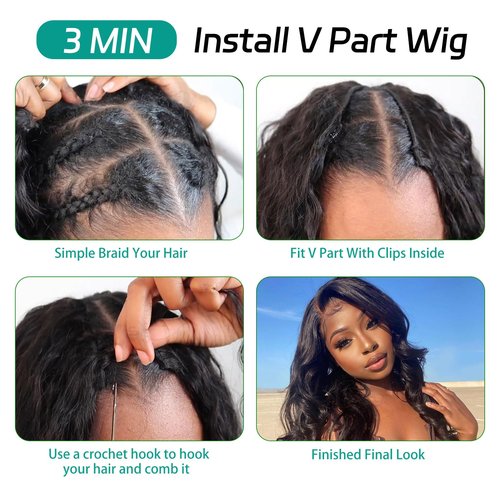 Prtyopp V Part Wig Human Hair Body Wave Glueless No Leave Out Upgrade 18 Inch U Part Wigs Human Hair Clip In Half Wigs 100% Real Human Hair Elastic Drawstring For Women 180% Density Nutural