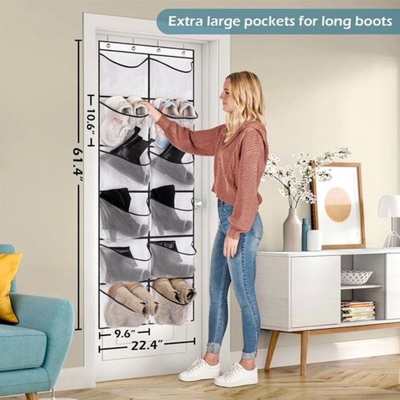 KIMBORA Over The Door Shoe Organizer - 12 Large Mesh Pockets for Boots & Shoes | White Hanging Rack