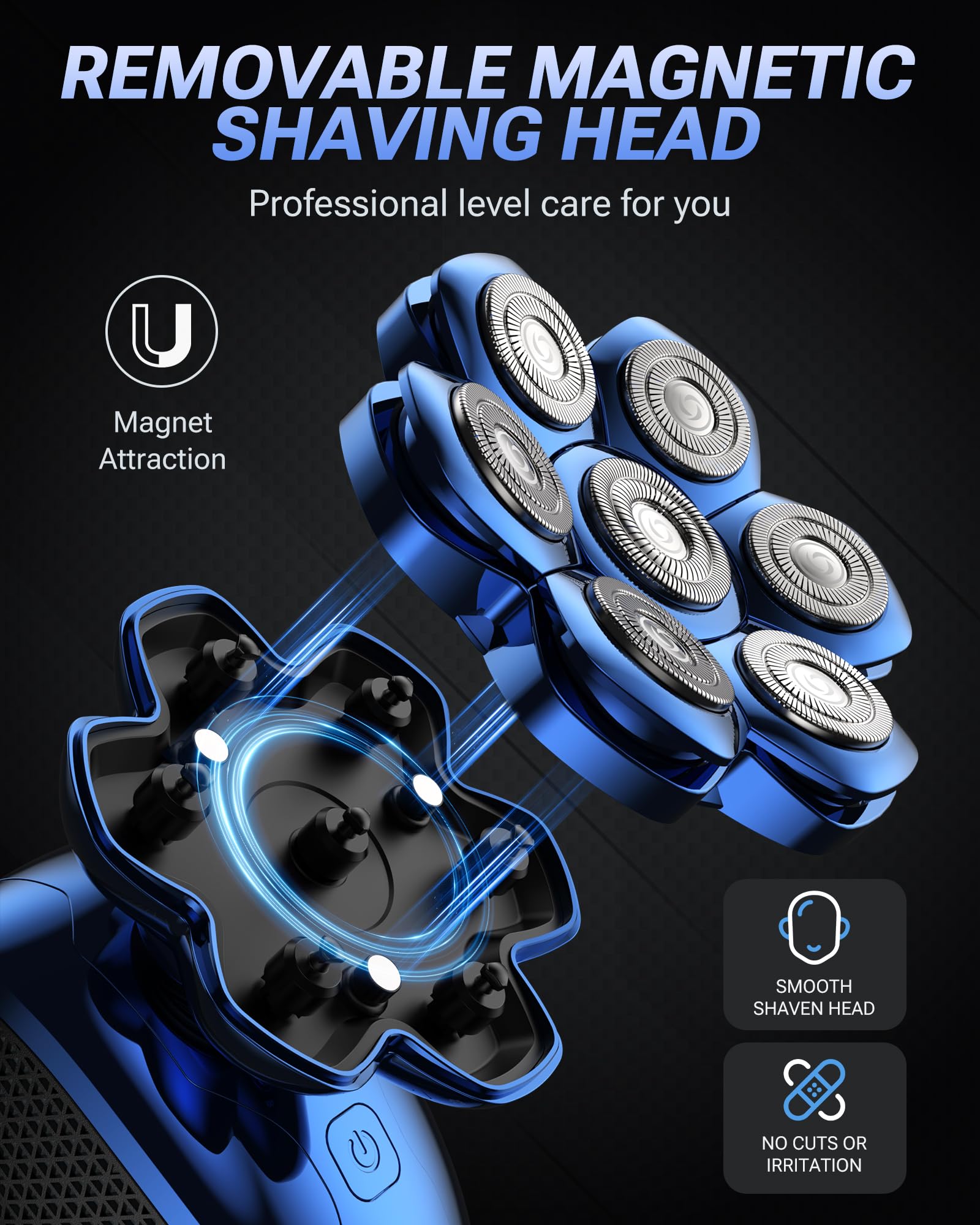 Feysfew Head Shaver for Bald Men, 7D Floating Electric Razor, Close Smooth Shave for Head, Flexible Heads, Replaceable Blade, IPX7 Waterproof Wet Dry Use, LED Display, USB Charging Blue