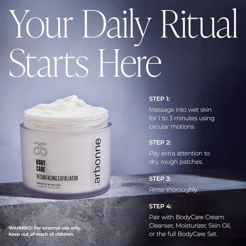 BodyCare Resurfacing Exfoliator – Gentle Dual-Action AHA and Plant-Based Polish for Smoother, Brighter, Baby-Soft Skin, Even Complexion, Spa-Like Experience, by Arbonne.