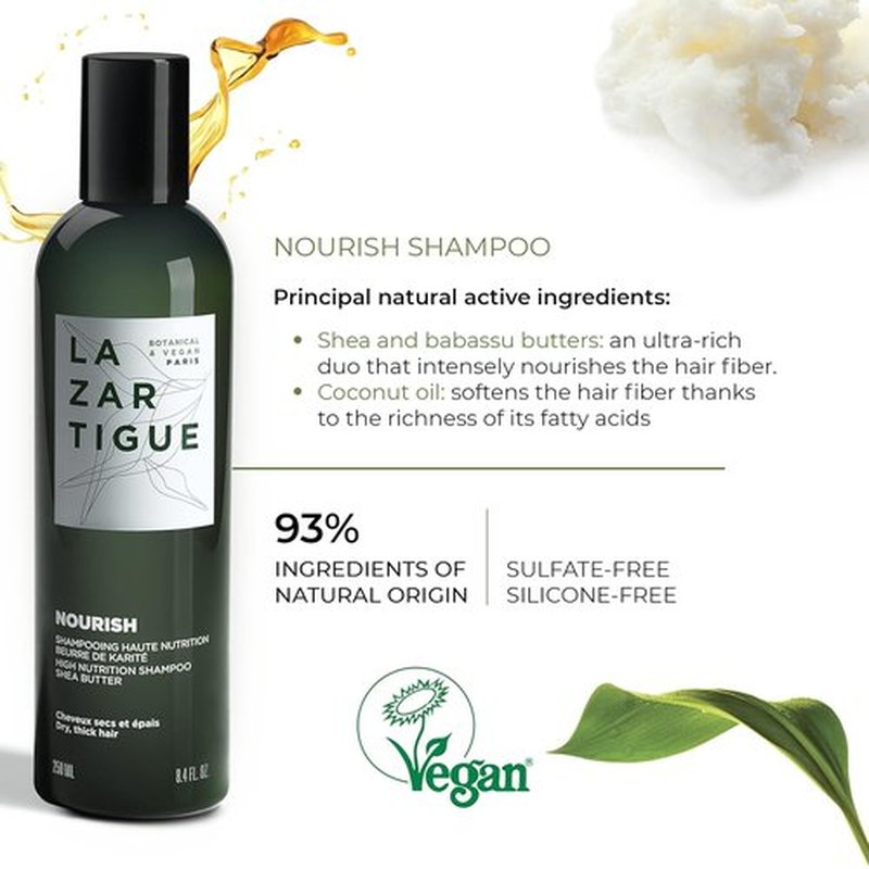 Lazartigue Nourish Shampoo - Intense Hydration with Shea & Babassu Butters | Vegan & Sulfate-Free, 8.4 Fl Oz