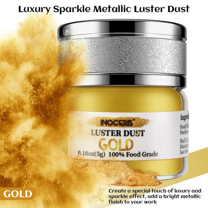 INOCERIS Edible Luster Dust - 5g Food Grade Metallic Gold Cake Decorating Powder | Shimmering Finish for Baking & Candy