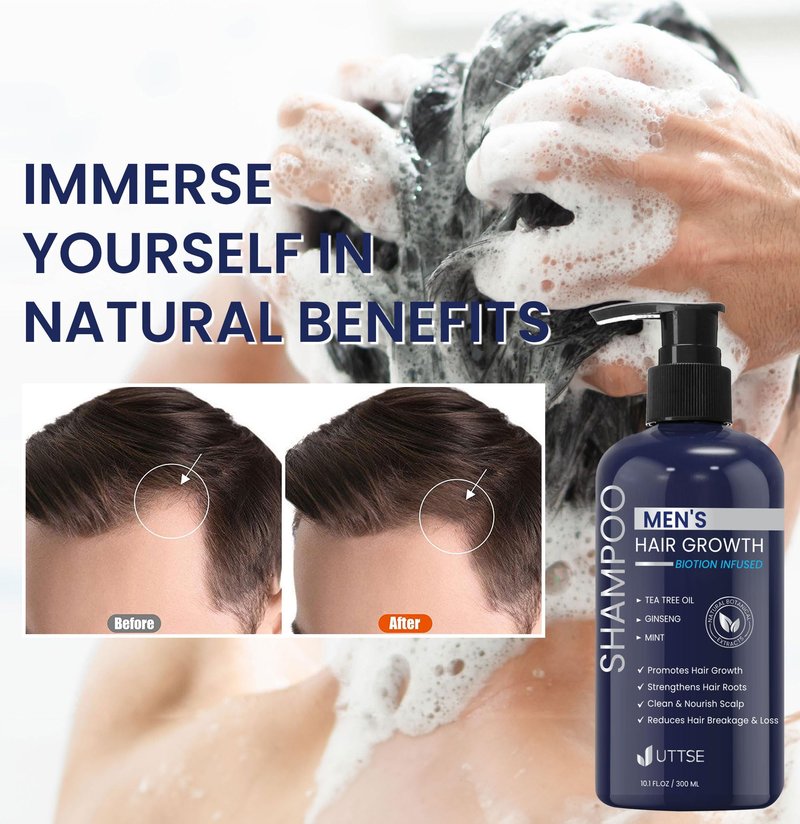 Uttse Biotion Hair Growth Shampoo for Men: Natural Thickening Shampoo with Tea Tree Oil Ginseng Mint for Hair Loss and Thinning Hair - 10.1 fl.oz, Dark Blue