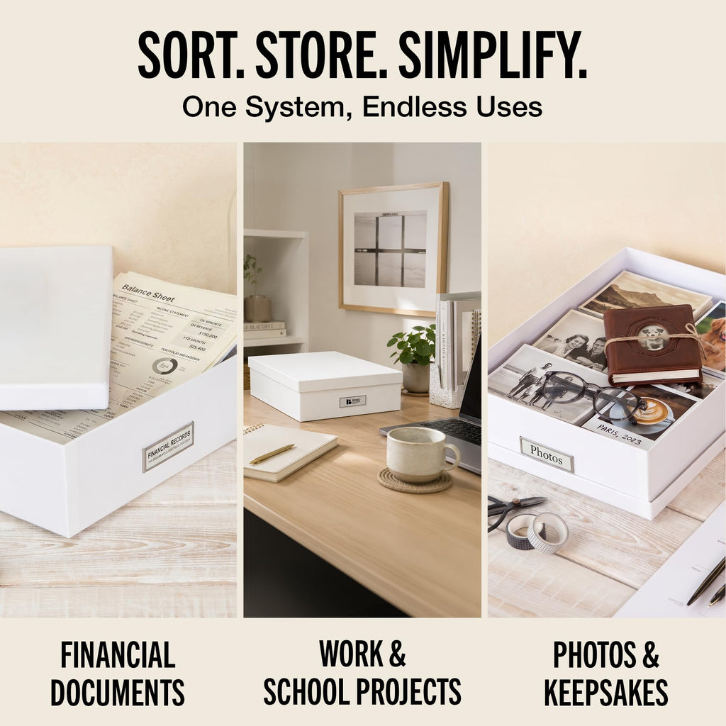 Bigso Oskar Fiberboard Label Frame Document Letter Box - File Organizer Box for Important Paperwork - Durable Document Storage with a Lid & Metal Label Window - 3.3 in x 10.2 in x 13.8 in - White