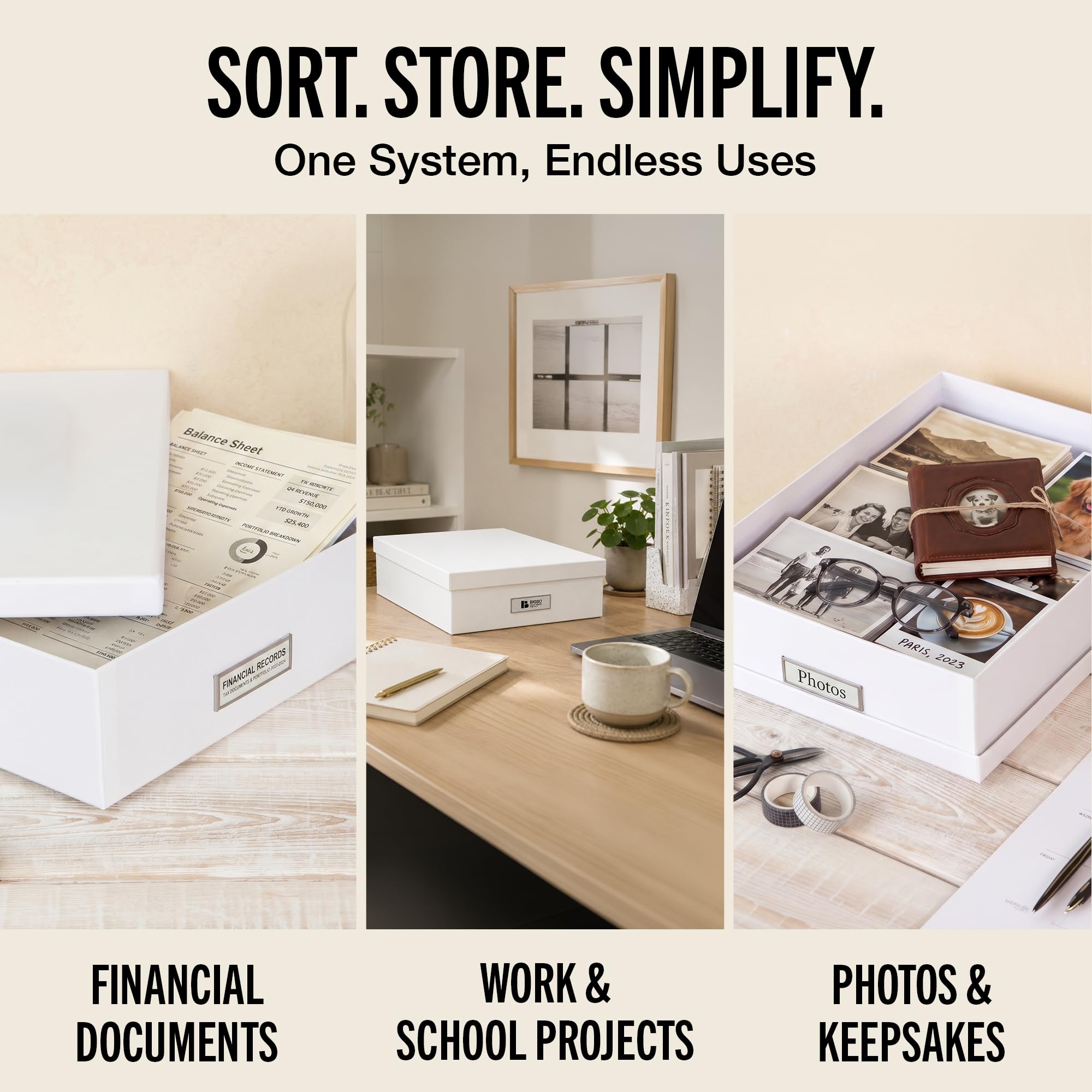 Bigso Oskar Fiberboard Label Frame Document Letter Box - File Organizer Box for Important Paperwork - Durable Document Storage with a Lid & Metal Label Window - 3.3 in x 10.2 in x 13.8 in - White