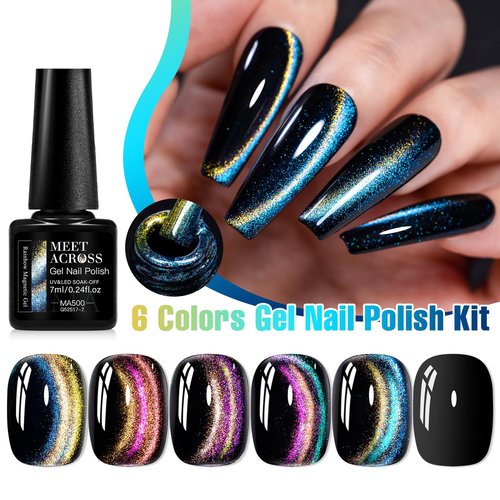MEET ACROSS 9D Cat Eye Gel Nail Polish Set 9Pcs Cateye Magnetic Nail Polish Gel with Base Top Coat and Magnet Stick, Cat Eye Gel Polish Galaxy Rainbow Effect Manicure DIY Nail Art