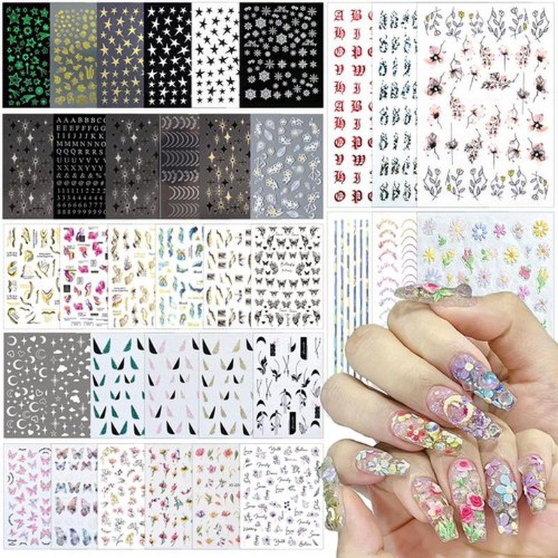 DANNEASY 36 Sheets Varied Nail Art Stickers, Butterfly Flower Letter Star French Tips Gold Nail Decals Self-Adhesive Nail Design Stickers Colorful Nail Stickers for Nail Art Women Kids