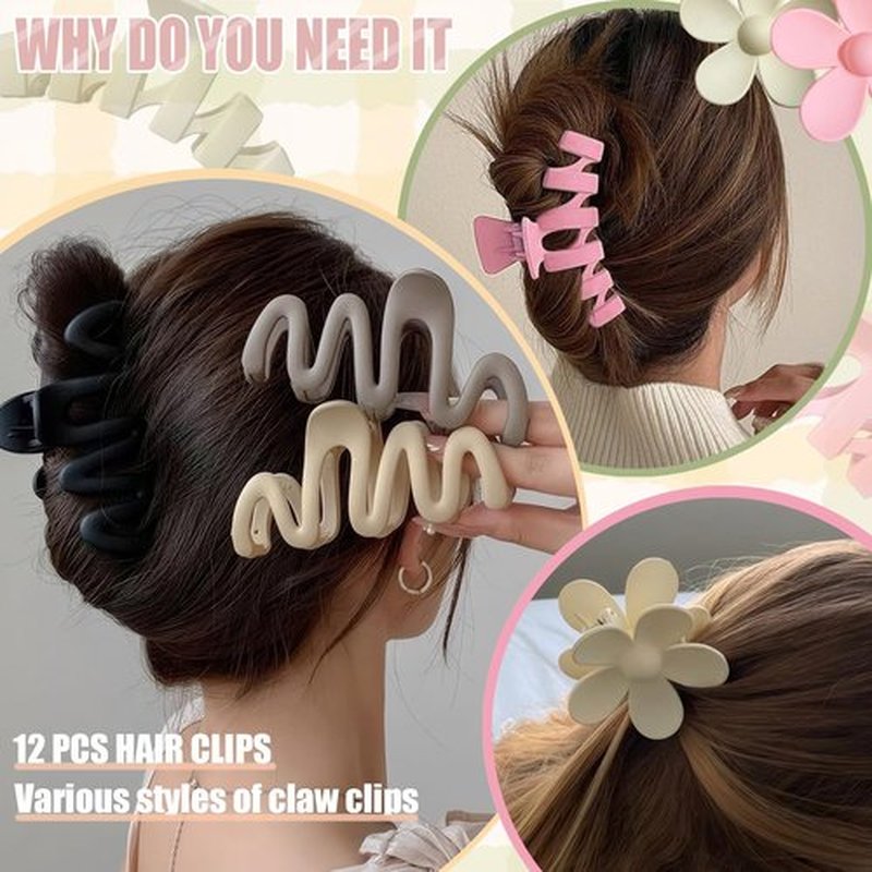 12 Pcs Claw Clips, Multi-Shapes Hair Clips for Women Girls, Non-Slip Large Jaw Claw Clips for Thick Thin Curly Hair Accessories (Light Pink)