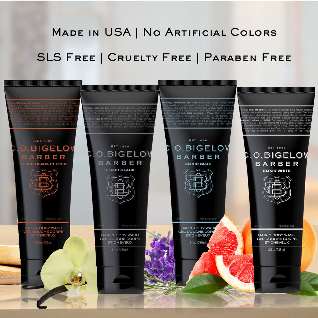 C.O. Bigelow Elixir Black Hair & Body Wash for Men, Musk & Vanilla Scented Men's 2 in 1 Shampoo & Body Wash, 8 Fl Oz