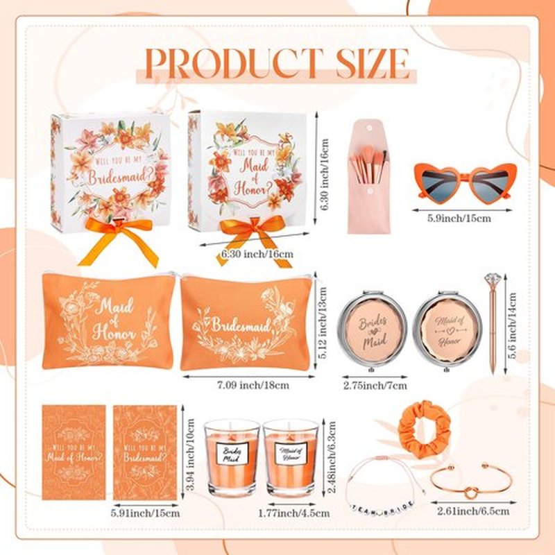 Nuogo 88 Pcs 8 Sets Bridesmaid Proposal Gift Wedding Bridesmaid Box Set Maid of Honor Gift Include Box Candle Invited Cards Scrunchies Hair Elastics Ties Knotted Bracelets Diamond Pens(Orange,Pretty)