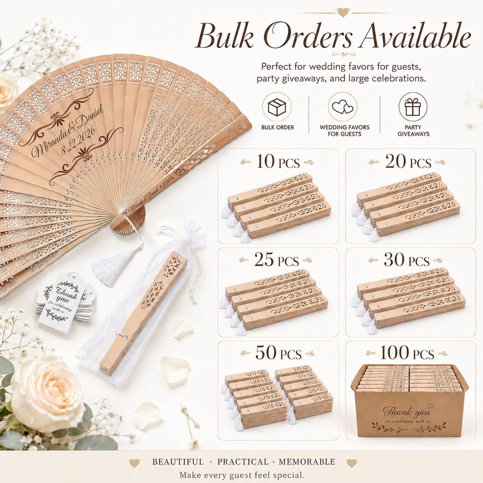 Personalized Wedding Fans for Guests, Custom Wooden Folding Hand Fans Bulk, Engraved Sandalwood Handheld Fans with Organza Bags & Tassels, Party, Bridal & Birthday Shower Favors (50PCS)
