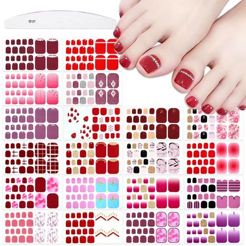 JERCLITY 440 Pieces 20 Sheets Red Solid Color Toe Nail Polish Strips Toenail Full Wraps with Nail File Self-Adhesive Red Full Nail Stickers Nail Art Decals for Women Girls Kids Nail Art