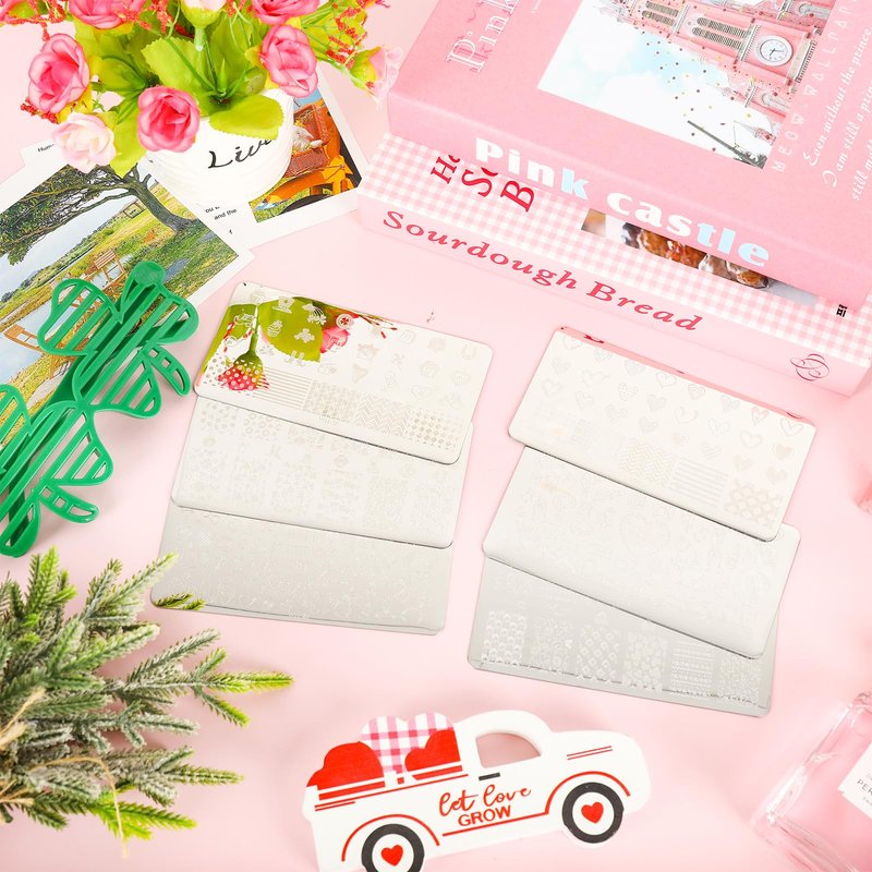 Whaline 6Pcs St. Patrick's Day Valentine Nail Art Stamping Plates Kit Love Heart Spring Shamrock Image Stamp Templates Nail Art Plates Set for DIY Print Manicure Salon Design