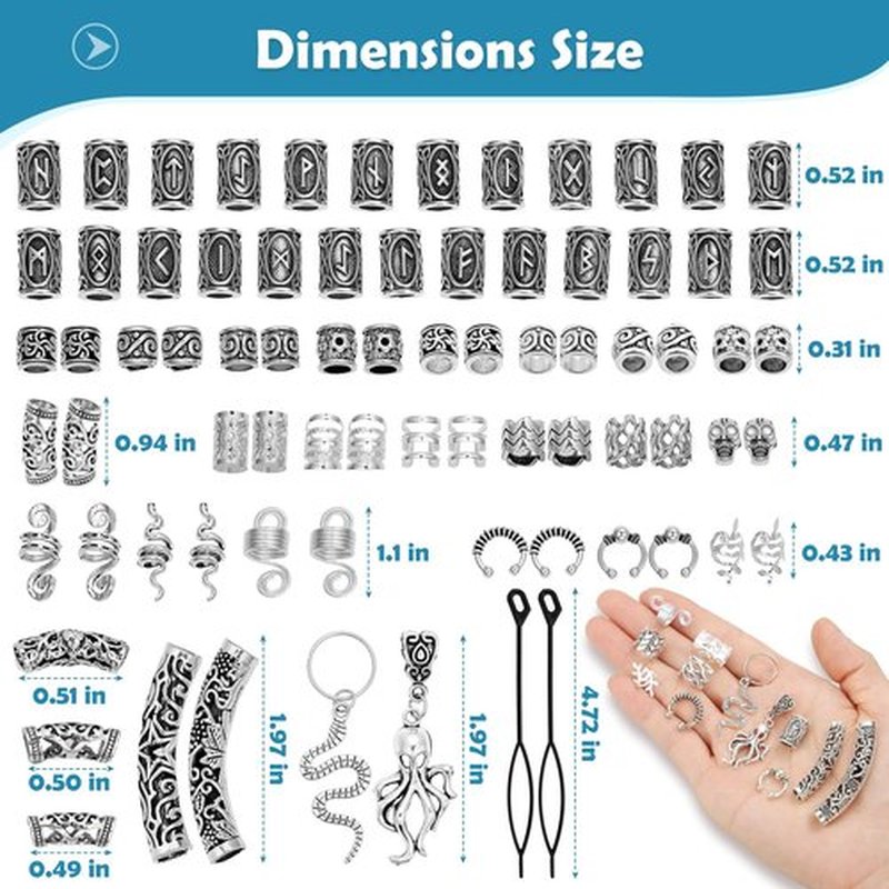 247Pcs Viking Hair Accessories Norse Runes Tube Beads Metal Cuffs Clips Rings, Dreadlock Beads Braids Locs Hair Jewelry Set for Women Men Beard Decoration Bracelets Necklace DIY Silver