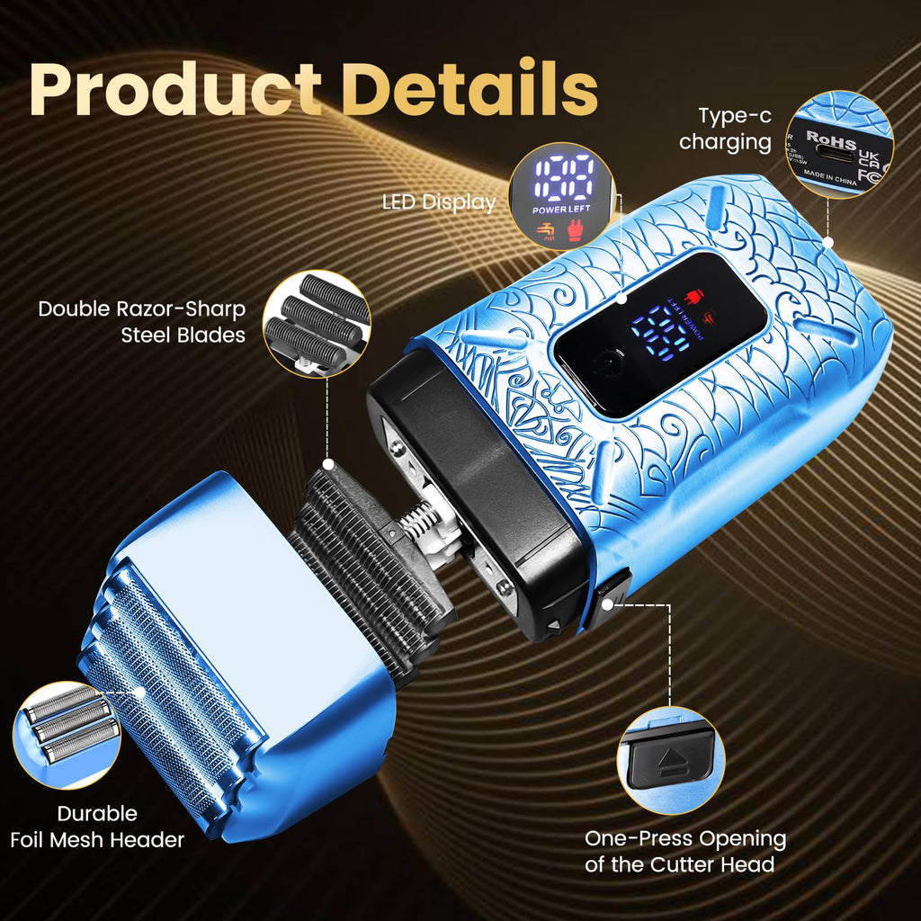 Foil Shavers for Men,Electric Razor for Men with Triple Blades, LED Display, Shavers for Men, Men's Foil Shaver for Close Shave, Dry & Wet Shave, Fathers Day Gift for Dad Men (Blue)