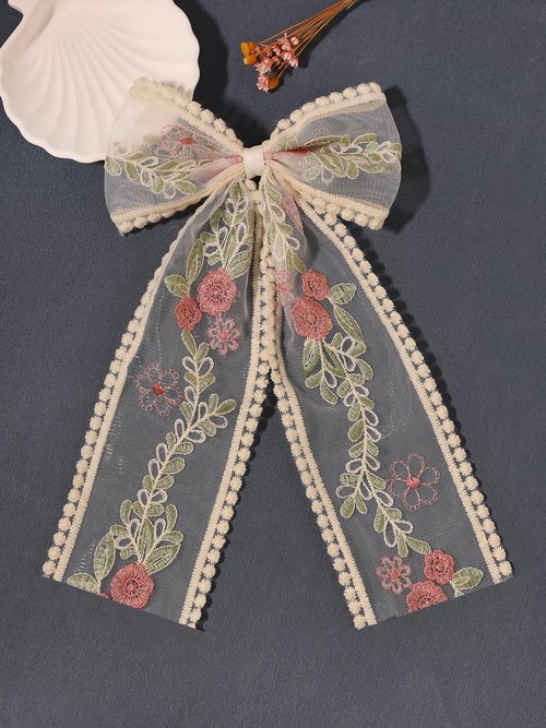 LFOUVRE Beige Lace Hair Bows with Embroidered Flowers - Bowknots, Barrettes, and Hair Clips with Long Tails for Women (3pcs)