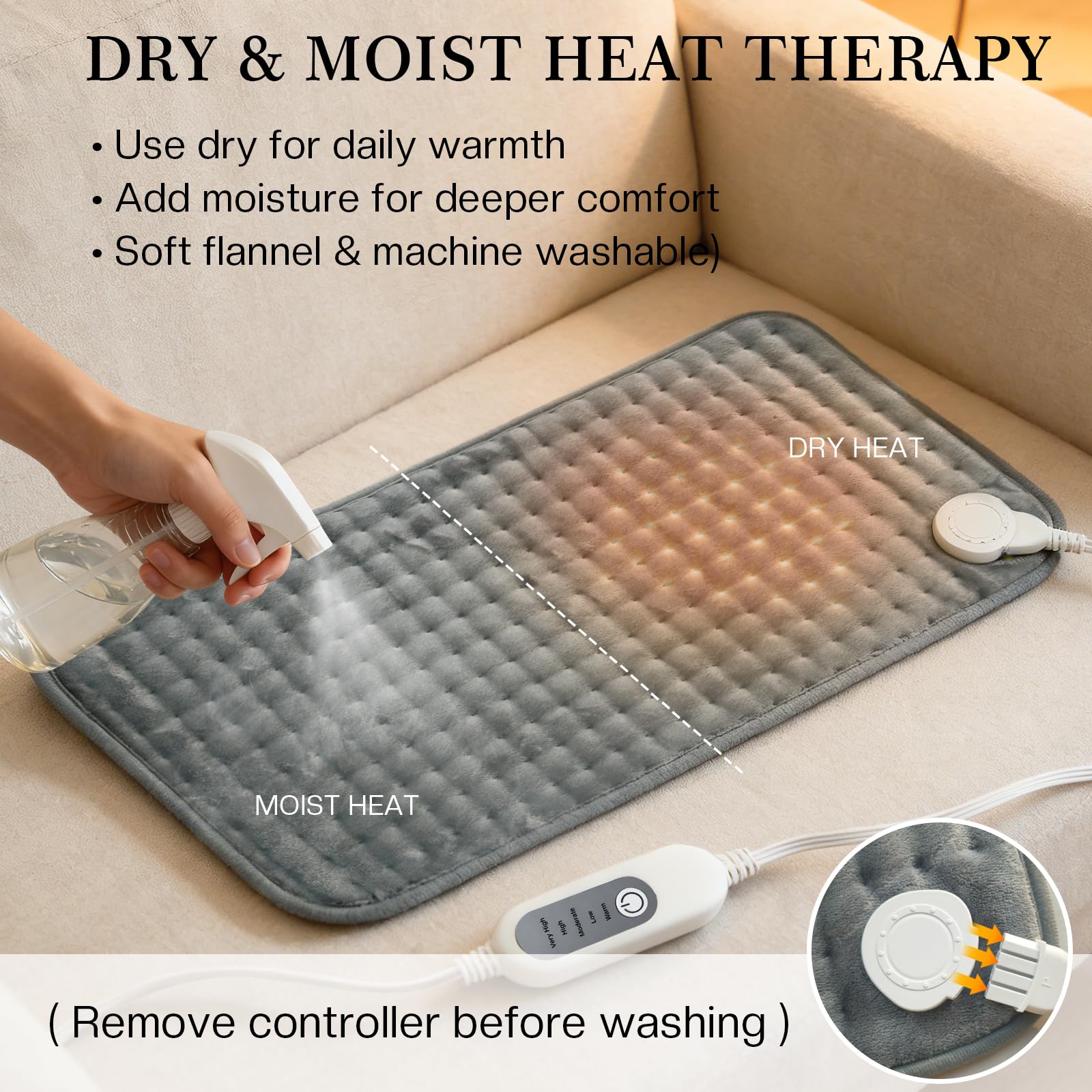 Heating Pad for Back Pain & Period Cramps,Moist Heated Pad for Abdomen, Legs & Muscles,5 Heat Levels, 2-Hour Auto Shut-Off, Gifts for Men Women UL Certified, 12" x 24"