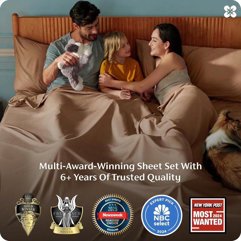 Bedsure Queen Sheet Set - Cooling Rayon from Bamboo | Breathable, Soft & Silky Bedding - Khaki, Deep Pocket Up to 16 Inches