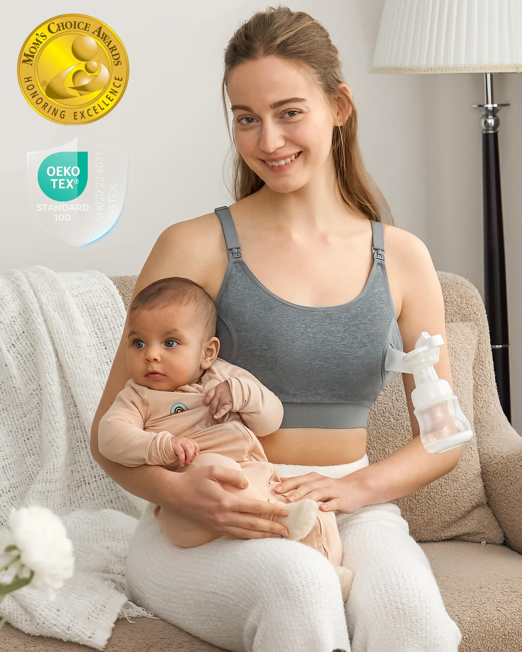 Momcozy Pumping Bra Hands Free, Pumping and Nursing Bra in One Holding Breast Pump for Spectra, Lansinoh, Medela, Black,grey-2pk, X-Large
