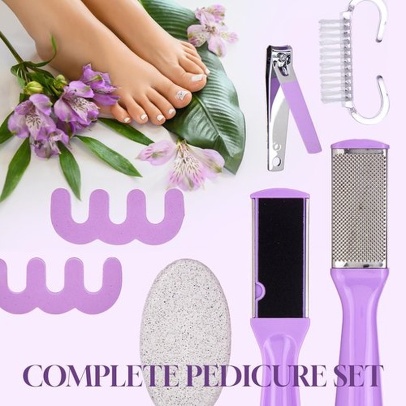 5pc Pedicure Kit - All-in-One Home Pedicure Set w/Toe Nail Clipper, Exfoliating Stone, Callus Smoother, Toe Separators, Foot Scrub Brush | Complete Foot Care Kit (Lavender)