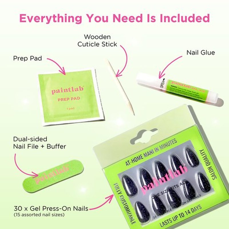 PaintLab Press-On Nails Manicure Kit, Night Crawler, 30-Piece Set, Long-Lasting Fake Nails with Glue, File, Prep Pad & Cuticle Stick