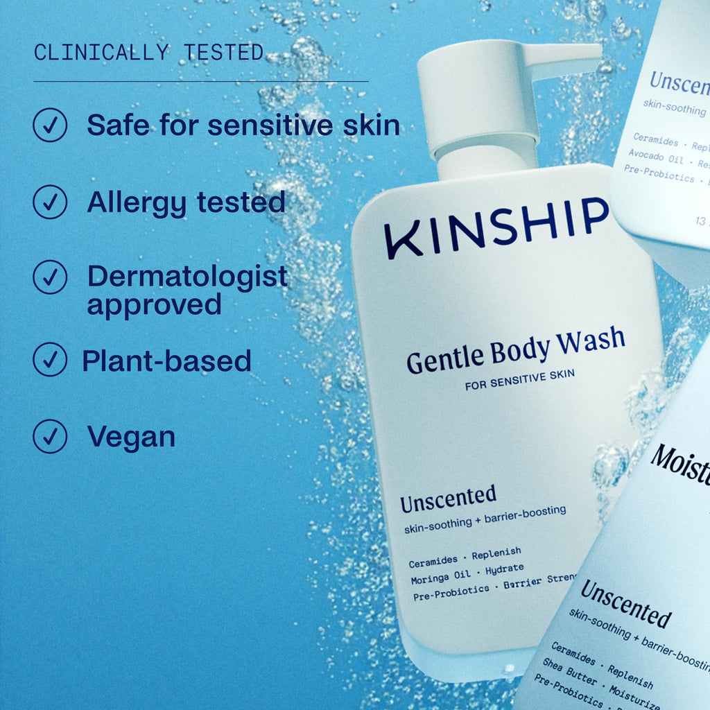 Kinship Gentle Moisturizing Body Wash for Sensitive Skin | Eczema Relief & Hydration for Dry Skin | Fragrance-Free, Unscented Body Soap, 13 oz