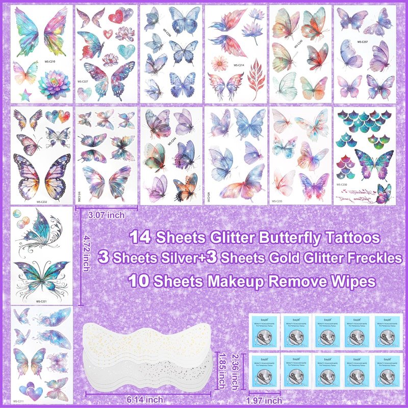Yosca Butterflies Glitter Tattoos, 14Pcs Sparkle Butterfly Temporary Tattoos, 6Pcs Metallic Gold Silver Glitter Freckles for Eye Face Makeup Mermaid Butterfly Party Favors Butterflies DIV Accessories
