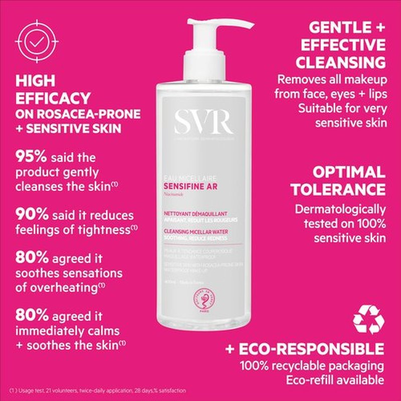 SVR Sensifine Micellar Water With Niacinamide. Soothing, Redness Relief Face Cleanser & Makeup Remover For Face, Eyes, Lips. Gentle, No Rinse Cleanser For Sensitive, Reactive Skin, 13.5 Fl.oz.
