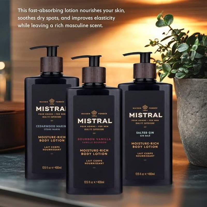 Mistral Bourbon Vanilla Body Lotion for Men - Moisture-Rich, Fast-Absorbing Cream with Shea Oil & Squalane | 13.5 fl oz