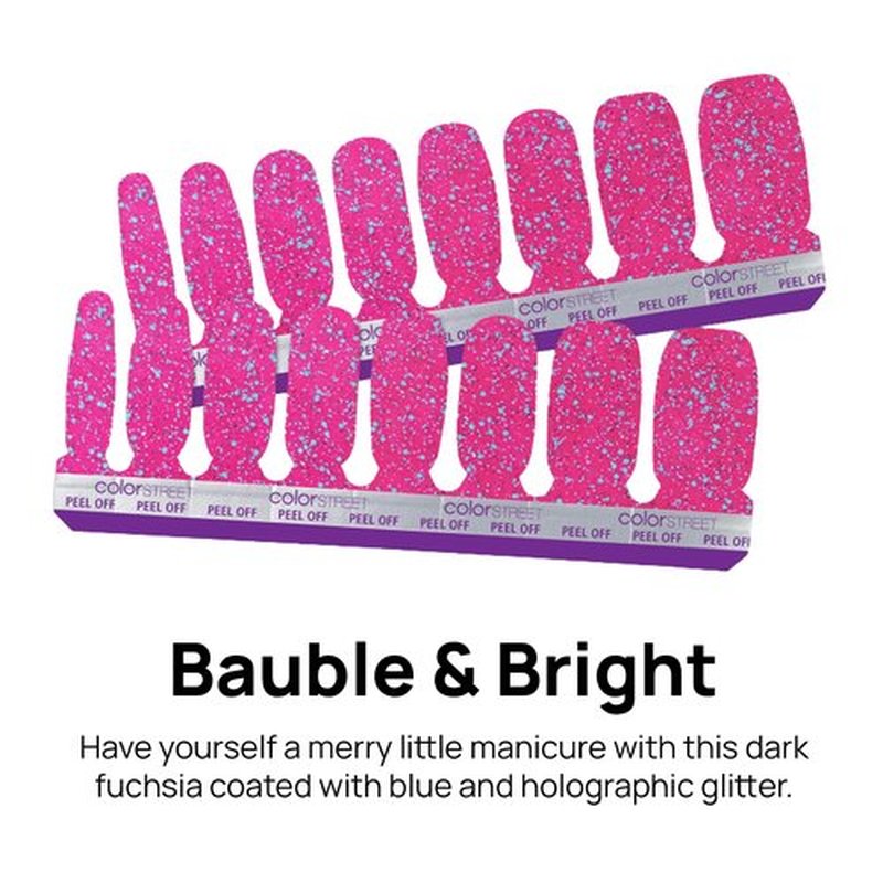 Color Street - Bauble & Bright - Hot Pink Glitter Nails with Blue Sparkle, Real Nail Polish Strips, Festive Holiday Manicure - 16 Double-Ended Strips