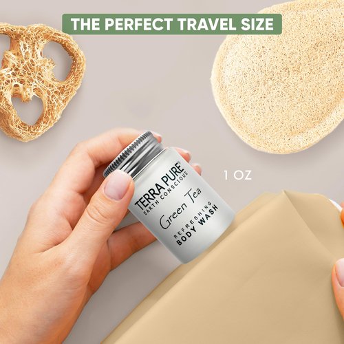 Terra Pure Travel Size Hotel Body Wash 20 Count 1 oz Bottles Guest Amenities for Hotels Vacation Rentals and Short Term Rentals Paraben Free Green Tea Scent Infused with Aloe and Olive Oil