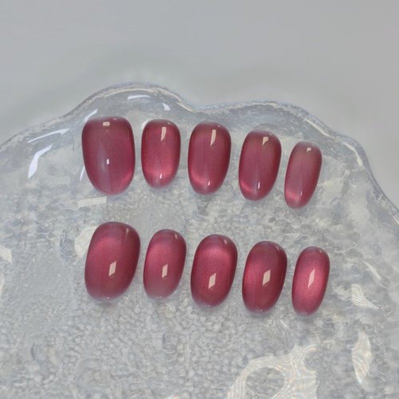 Cat Eye Press on Nails Handmade Short Oval/Square/Round False Nails with French Tip/Aurora/Magnetic Shimmer Designs (Jelly#Rose Queen, Medium)