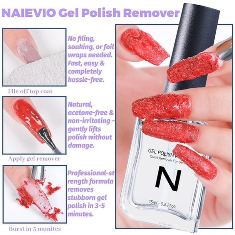 NAIEVIO Gel Polish Remover Kit - Remove Gel Polish in 3-5 Min! No Soak & Foil-Free Gel Nail Polish Remover with Cuticle Pusher & File for Salon Results at Home (0.5 fl oz)