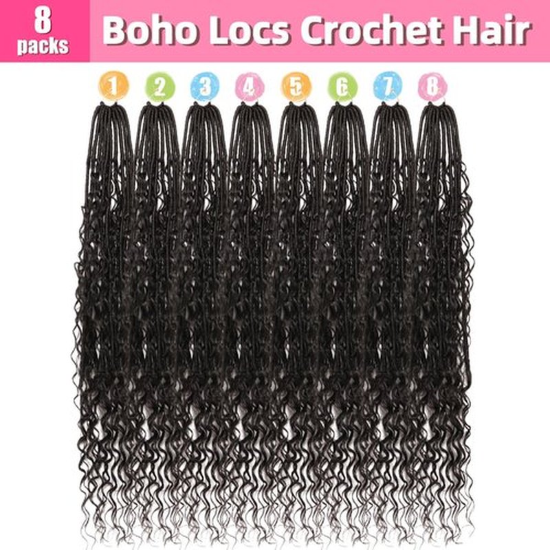Soft Boho Locs Crochet Hair for Black Women-30 Inch 8 Packs Goddess Faux Locs Crochet Human Hair Feeling Pre Looped with Curly Ends(1B, 30 Inch(Pack of 8))