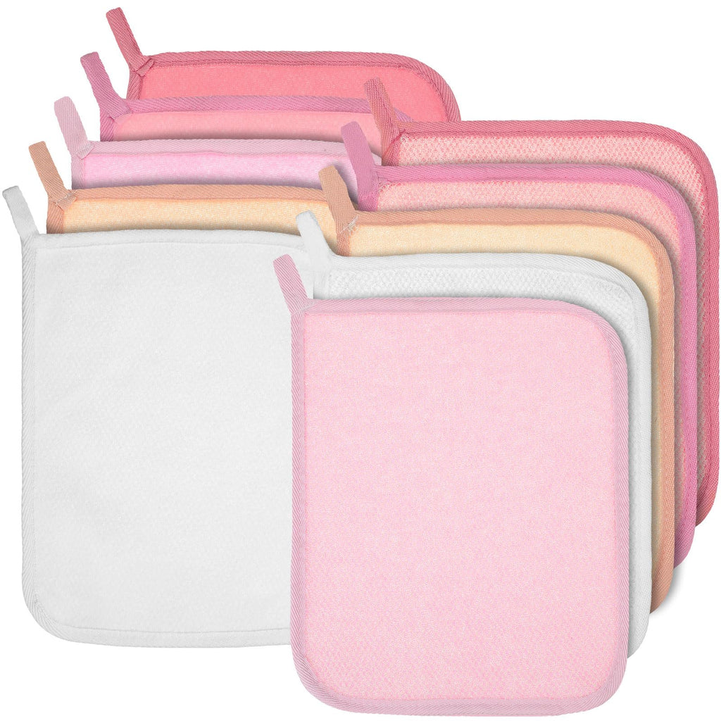 Tudomro 10 Pcs Exfoliating Washcloths Double Sided Man Wash Cloths Body Face Exfoliating Scrub Cloths for Shower Men Women (10.2 x 8.7 Inch,Gradient Pink)