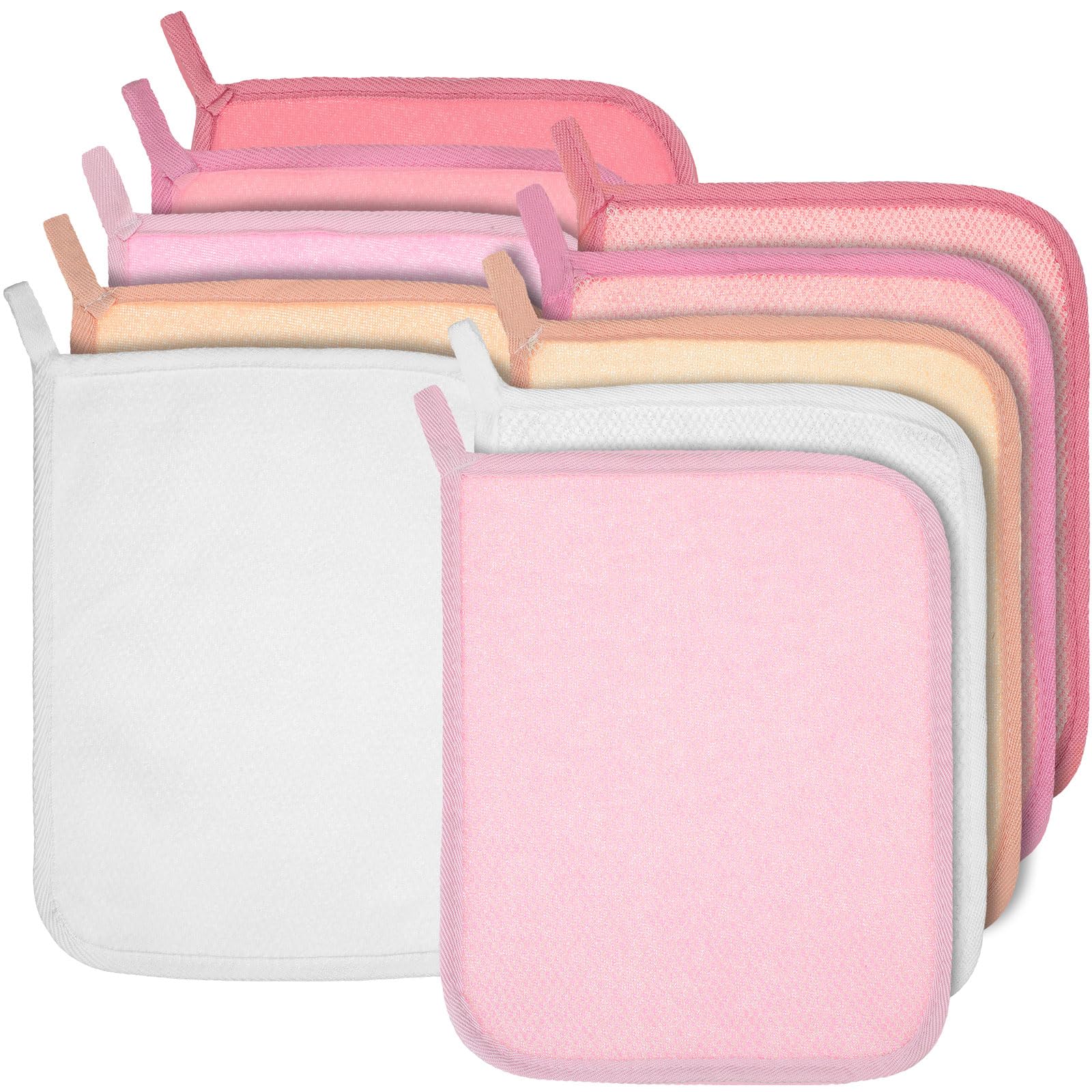 Tudomro 10 Pcs Exfoliating Washcloths Double Sided Man Wash Cloths Body Face Exfoliating Scrub Cloths for Shower Men Women (10.2 x 8.7 Inch,Gradient Pink)