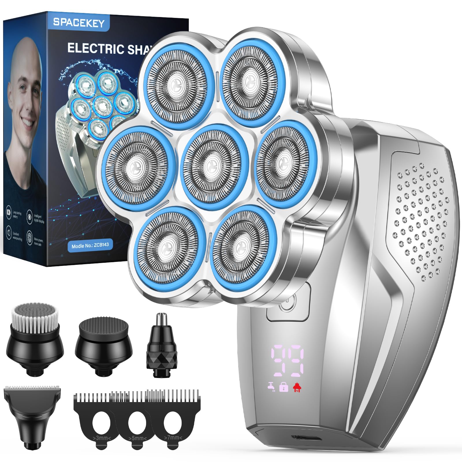 7D Head Shavers for Bald Men, 5-in-1 Magnetic Detachable Head Shaver, IPX7 Waterproof Electric Razor for Wet/Dry Use, Shaving Grooming Kit for Balder, LED Display, Type-C Charge, Silver White