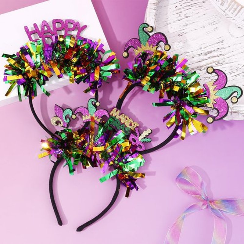 OAOLEER 3 PCS Mardi Gras Headbands for Girls, Mask Fleur De Lis Hairband Mardi Gras Glitter Hair Accessories for Women Adults