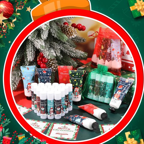Heigble 12 Set Christmas Hand Cream Gift Set, Including Moisturizing Hand Lotion, Xmas Lip Balm, Gauze Bags, Thank You Cards Natural Fragrant Bulk Christmas Gifts for Coworkers Employees Stuffers