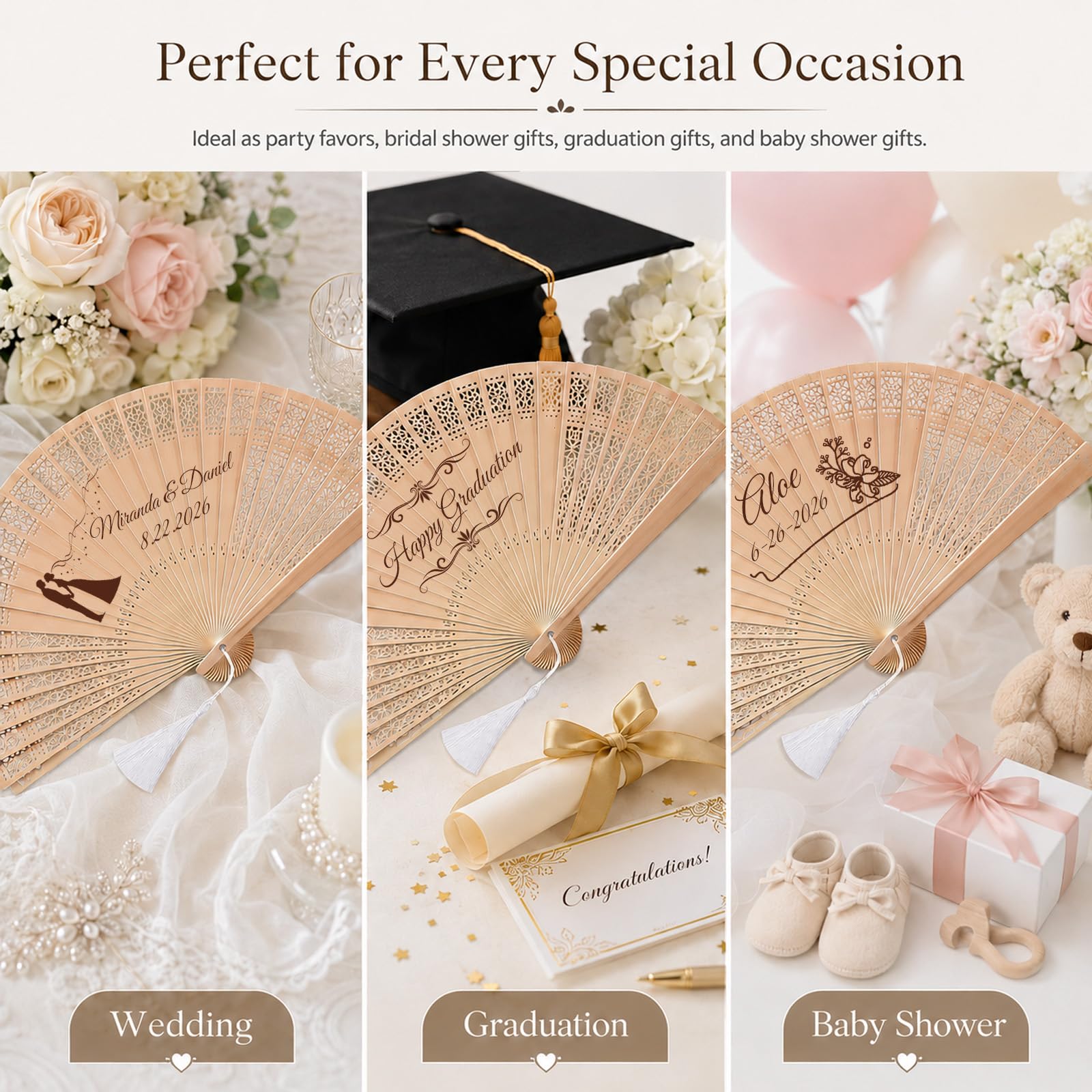 Personalized Wedding Fans for Guests, Custom Wooden Folding Hand Fans Bulk, Engraved Sandalwood Handheld Fans with Organza Bags & Tassels, Party, Bridal & Birthday Shower Favors (50PCS)